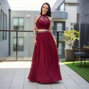 Sequins Hearts ✦ Merlot Beaded 2 Piece Formal Gown ✦ Halter Crop Top Maxi Skirt